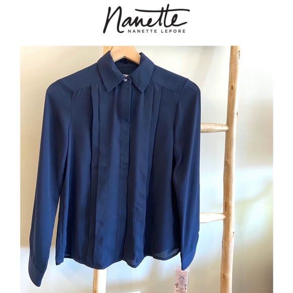 S NANETTE NANETTE LEPORE Pleated Hidden-Button Long-Sleeve Shirt Navy Blue - Picture 1 of 11